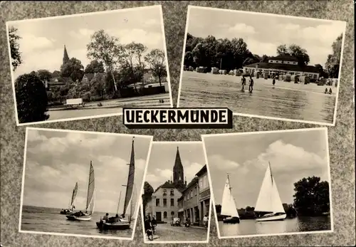 Ak Ueckermünde in Vorpommern, Panorama, Boote, Strandszene