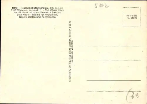 Ak Würselen Nordrhein Westfalen, Hotel Restaurant Stadtschänke, Außenansicht, Speisesaal