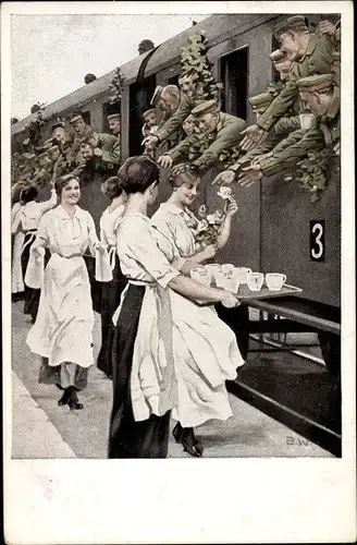 Künstler Ak Wennerberg, B., Erfrischungsstation, Soldaten bekommen Getränke, Zug, Frauen