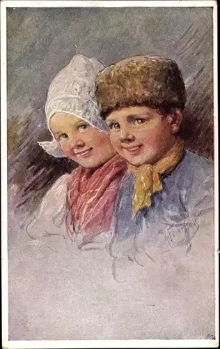 Künstler Ak Feiertag, Karl, Zwei Kinder, Niederländische Tracht, BKWI 975-3