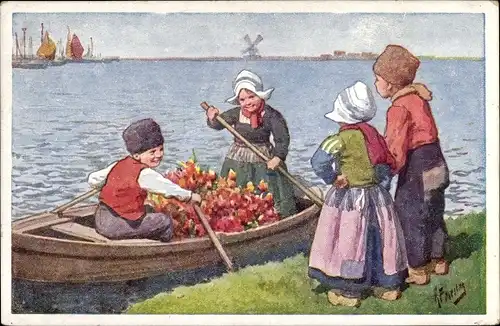 Künstler Ak Feiertag, K., Kinder in niederländischer Tracht, Ruderboot, Windmühle
