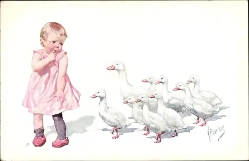 Künstler Ak Feiertag, K., Mädchen hat Angst vor Gänsen