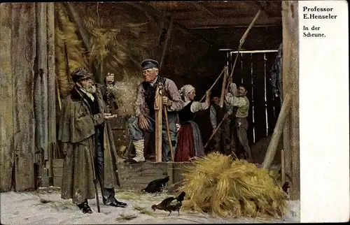 Künstler Ak Henseler, E., In der Scheune, Bauern