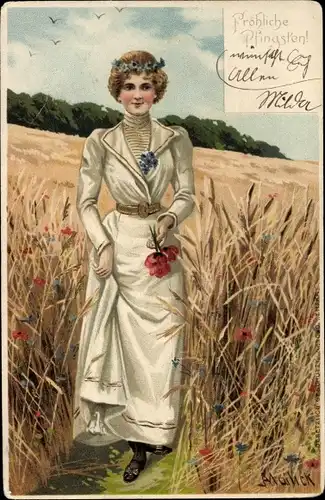 Präge Künstler Litho Mailick, Glückwunsch Pfingsten, Frau in weißem Kleid, Getreide, Gold