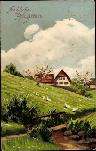 Künstler Ak Mailick, Glückwunsch Pfingsten, Dorfidyll, Haus, Blühende Bäume
