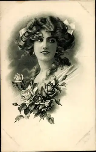 Ak Gemaltes Portrait einer Frau mit Blumenstrauß, Rosen