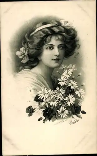 Ak Gemaltes Portrait einer Frau mit Blumenstrauß, Margeriten