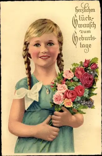 Ak Glückwunsch Geburtstag, Mädchen mit Blumenstrauß