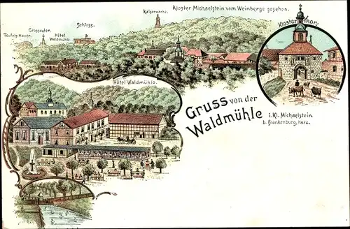 Litho Kloster Michaelstein bei Blankenburg Harz, Hotel Waldmühle, Klostertor, Schloss, Teufelsmauer