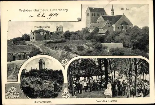 Passepartout Ak Petersberg in Sachsen-Anhalt, Wehdes Gasthaus, Kirche, Bismarckturm, Klosterruine