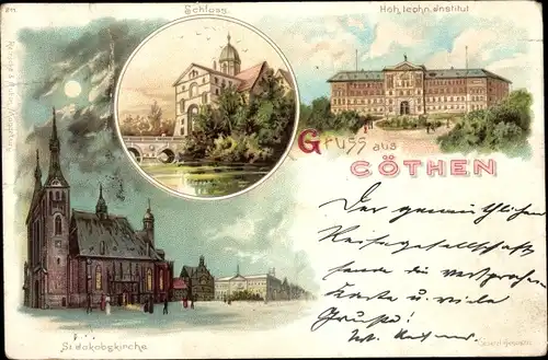 Litho Köthen in Anhalt, Schloss, St. Jakobs Kirche, Technisches Institut