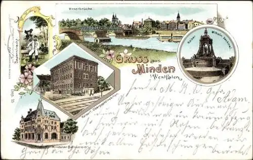 Litho Minden in Westfalen, Kaiser Wilhelm Denkmal, Weserbrücke, Oberpostdirektion, Bankverein