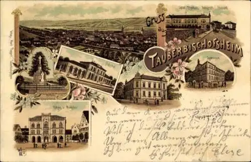Litho Tauberbischofsheim in Baden Württemberg, Gymnasium, Rathaus, Marktplatz, Bahnhof