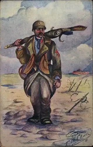 Künstler Ak Clues, Soldat in Uniform, Rückkehr in die Heimat, Stacheldraht