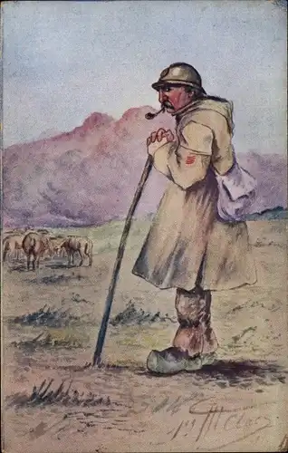 Künstler Ak Clues, Soldat in Uniform, Rind, Pfeife, Landwirtschaft