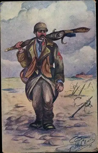 Künstler Ak Clues, Soldat in Uniform, Rückkehr in die Heimat, Stacheldraht