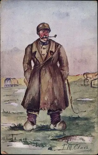 Künstler Ak Clues, Mann in Uniform, Pfeife, Pferd
