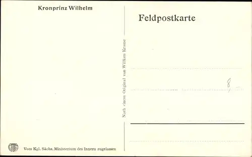 Künstler Ak Kronprinz Wilhelm von Preußen, Portrait in Uniform, Schirmmütze, I. WK
