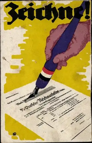 Ak Zeichne, 5. Deutsche Reichsanleihe, Hand mit Füller