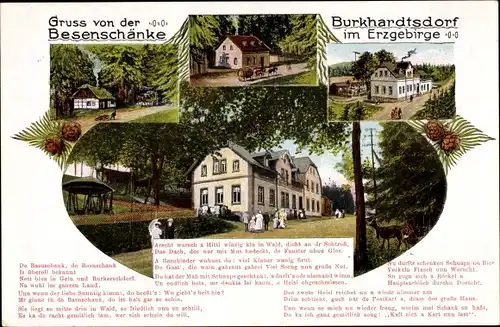 Gedicht Ak Burkhardtsdorf im Erzgebirge, Blick von außen auf die Besenschänke, Hausentwicklung