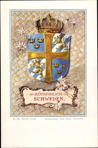Wappen Litho Königreich Schweden, Margeriten, Krone