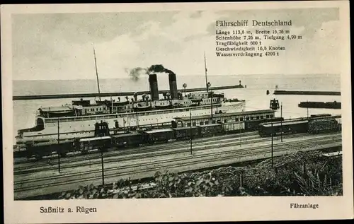 Ak Sassnitz auf Rügen, Fährschiff Deutschland an der Fähranlage, Gleise