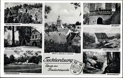 Ak Tecklenburg in Westfalen, Freilichtspiele, Wierturm, Engl. Kirche, Jugendherberge, Wappen