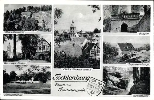 Ak Tecklenburg in Westfalen, Freilichtspiele, Wierturm, Engl. Kirche, Jugendherberge, Wappen