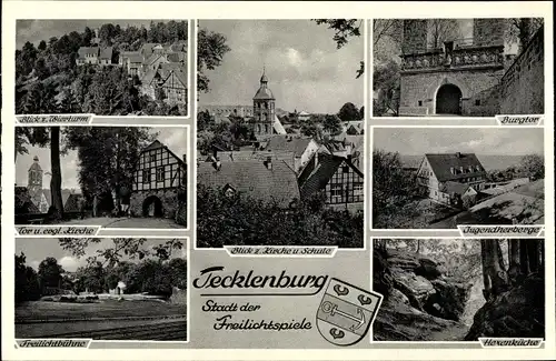 Ak Tecklenburg in Westfalen, Freilichtspiele, Wierturm, Engl. Kirche, Jugendherberge, Wappen