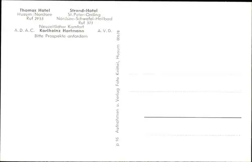 Ak Husum in Nordfriesland, Thomas Hotel, Strand Hotel St Peter Ording