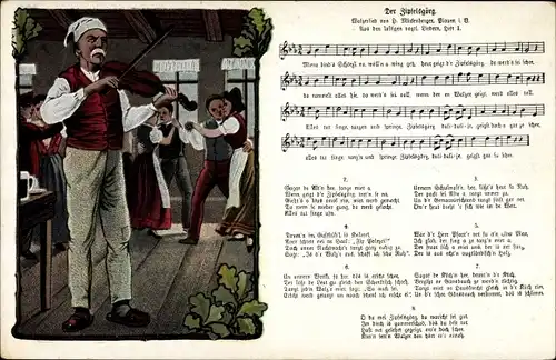 Lied Ak Mückenberger, Der Zipfelsgörg, Vogtländisches Volkslied, Musikant mit Geige, tanzende Paare