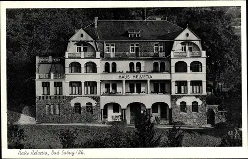 Ak Bad Salzig Boppard Mittelrhein, Frontansicht Haus Helvetia mit Balkonen und Terrasse