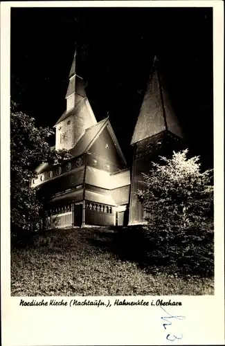 Ak Hahnenklee Bockswiese Goslar, Nordische Stabkirche, Nachtansicht