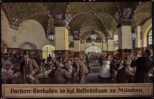 Künstler Ak Quidenus, Fritz, München Bayern, Hofbräuhaus, Parterre Bierhallen