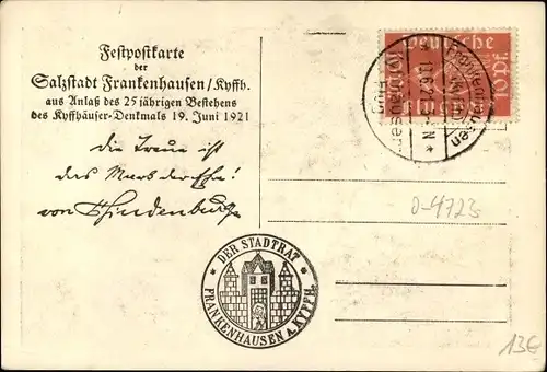 Künstler Ak Bad Frankenhausen im Kyffhäuserkreis, 25jh Bestehen des Kyffhäuserdenkmals 1921