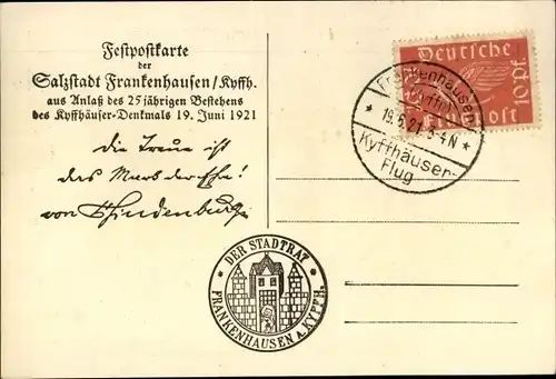 Künstler Ak Bad Frankenhausen im Kyffhäuserkreis, 25jh Bestehen des Kyffhäuserdenkmals 1921