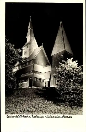 Ak Hahnenklee Bockswiese Goslar, Nordische Stabkirche, Nachtansicht