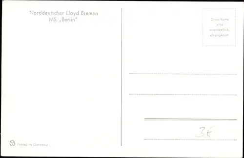 Künstler Ak Dampfschiff MS Berlin, Norddeutscher Lloyd Bremen, Passagierschiff
