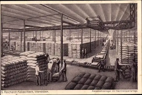 Ak Hamburg Wandsbek, Reichardt-Kakao-Werk, Kakaobohnenlager mit Sacktransportanlage