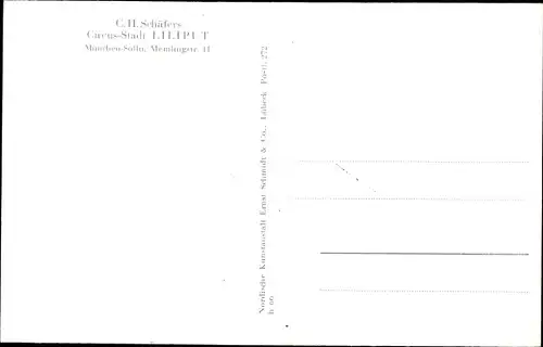Ak C.H. Schäfers Zirkus Stadt Liliput, Liliputaner, München Solln, Memlingstraße 11
