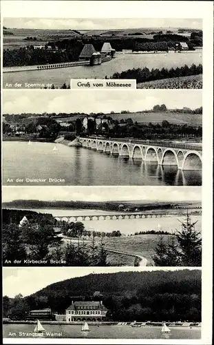 Ak Möhnesee in Westfalen, Möhnetalsperre, Delecker Brücke, Körbecker Brücke, Strandbad Wamel