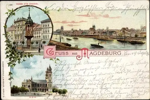 Litho Magdeburg in Sachsen Anhalt, Gesamtansicht, Dom, Kaiser Otto Denkmal