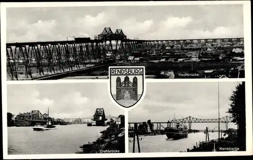 Ak Rendsburg in Schleswig Holstein, Hochbrücke, Drehbrücke, Kanalpartie, Wappen, Lastkahn