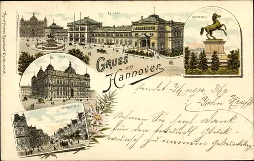 Litho Hannover in Niedersachsen, Bahnhof, Post, Königsstraße, Sachsenross