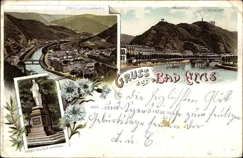 Litho Bad Ems an der Lahn, Bäderley, Concordiaturm, Kaiser Wilhelm Denkmal