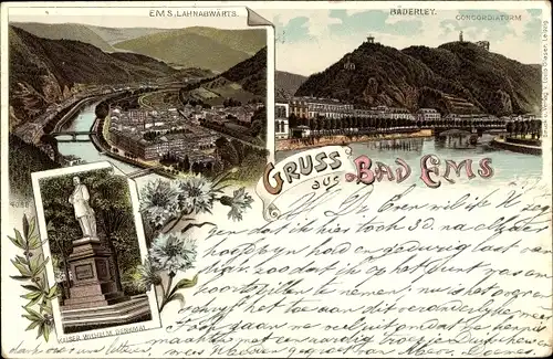 Litho Bad Ems an der Lahn, Bäderley, Concordiaturm, Kaiser Wilhelm Denkmal