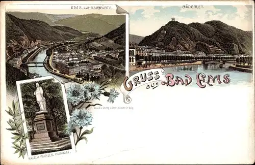 Litho Bad Ems an der Lahn, Bäderley, Concordiaturm, Kaiser Wilhelm Denkmal, Stadtansicht