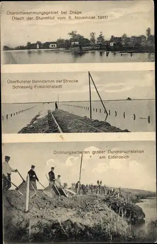 Ak Drage in Nordfriesland, Überschwemmung nach Sturmflut 1911, Bahndamm, Dichtungsarbeiten