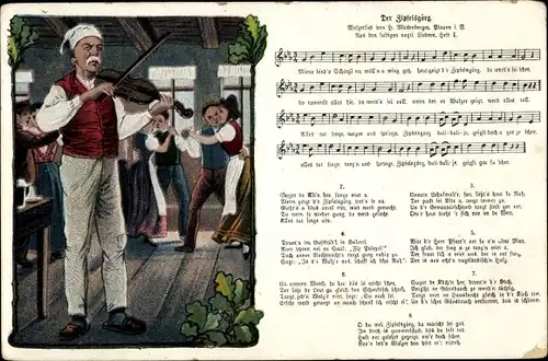 Lied Ak Mückenberger, Der Zipfelsgörg, Vogtländisches Volkslied, Musikant mit Geige, tanzende Paare
