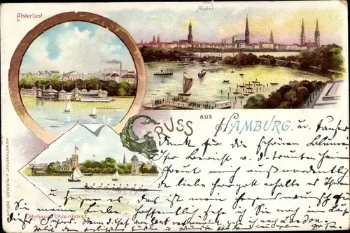 Litho Hamburg, Alsterbassin, Alsterlust, Fährhaus Uhlenhorst